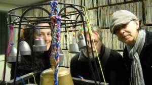 Sue Smith, David Knight and Gary Diggins with Sue's homemade "bell tree" at CFRU radio station in Guelph, Ontario. 